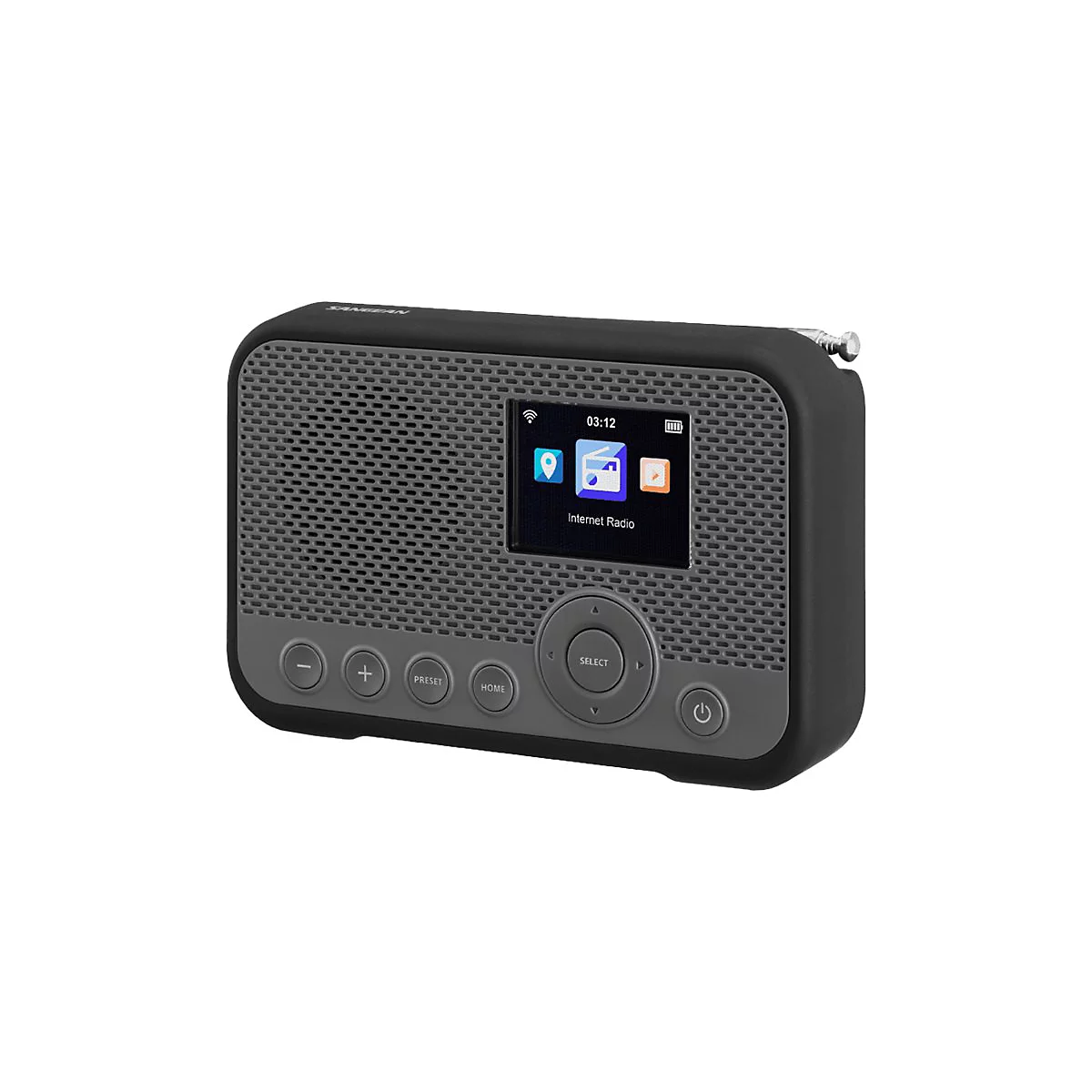 Schwarzes Sangean Internetradio mit Display, Tasten und Frontgitter vor weißem Hintergrund.