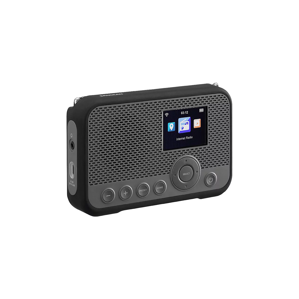 Schwarzes tragbares Sangean Internetradio mit Display, Lautsprechergitter und Bedienknöpfen auf weißem Grund.