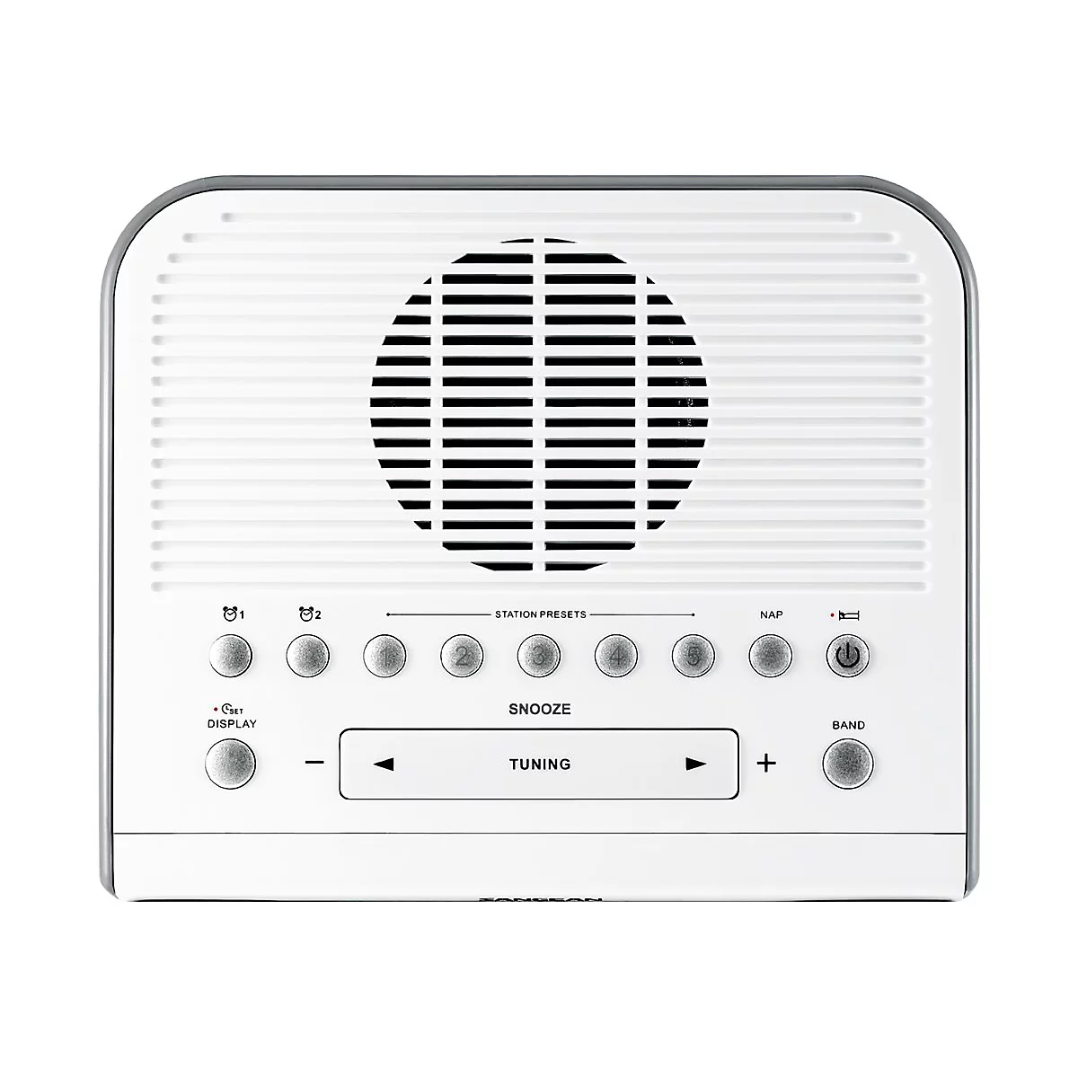 WeiÃŸes Radio mit rundem Lautsprechergitter. KnÃ¶pfe fÃ¼r Snooze, Tuning, Stationen und Display.