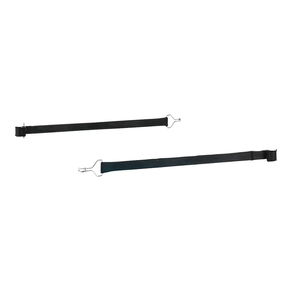 Deux sangles noires avec crochets métalliques, sur fond blanc.