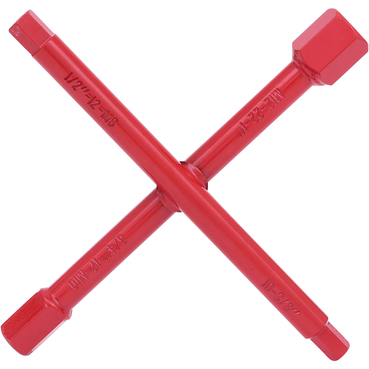 Roter Kreuzschlüssel für Reifenwechsel, mit Prägungen: 1/2 Zoll, 12-103, M12-22-1, 3 Nm und 10-3/8 Zoll.