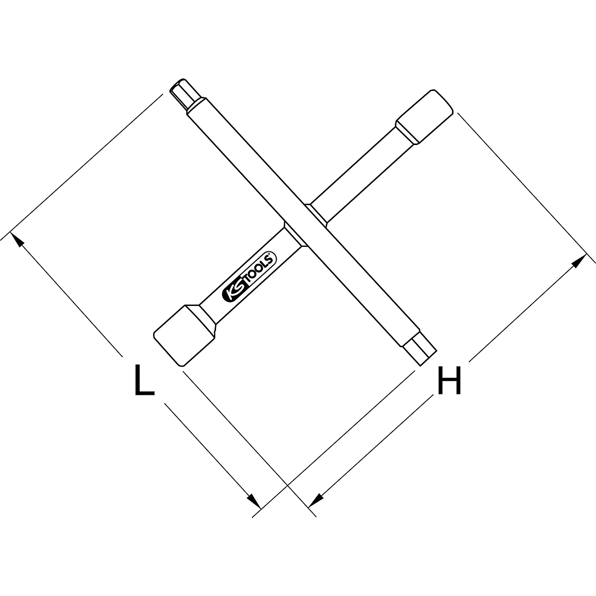 Zeichnung eines Kreuzschlüssels mit Maßlinien L und H.