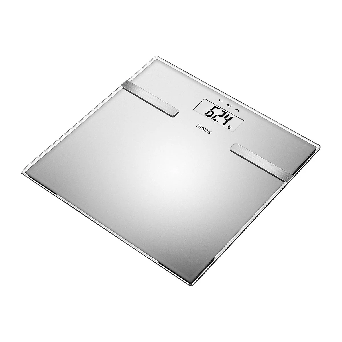 Quadratische digitale Sanitas Körperwaage aus Glas mit silbernen Metallelementen auf weißem Hintergrund.