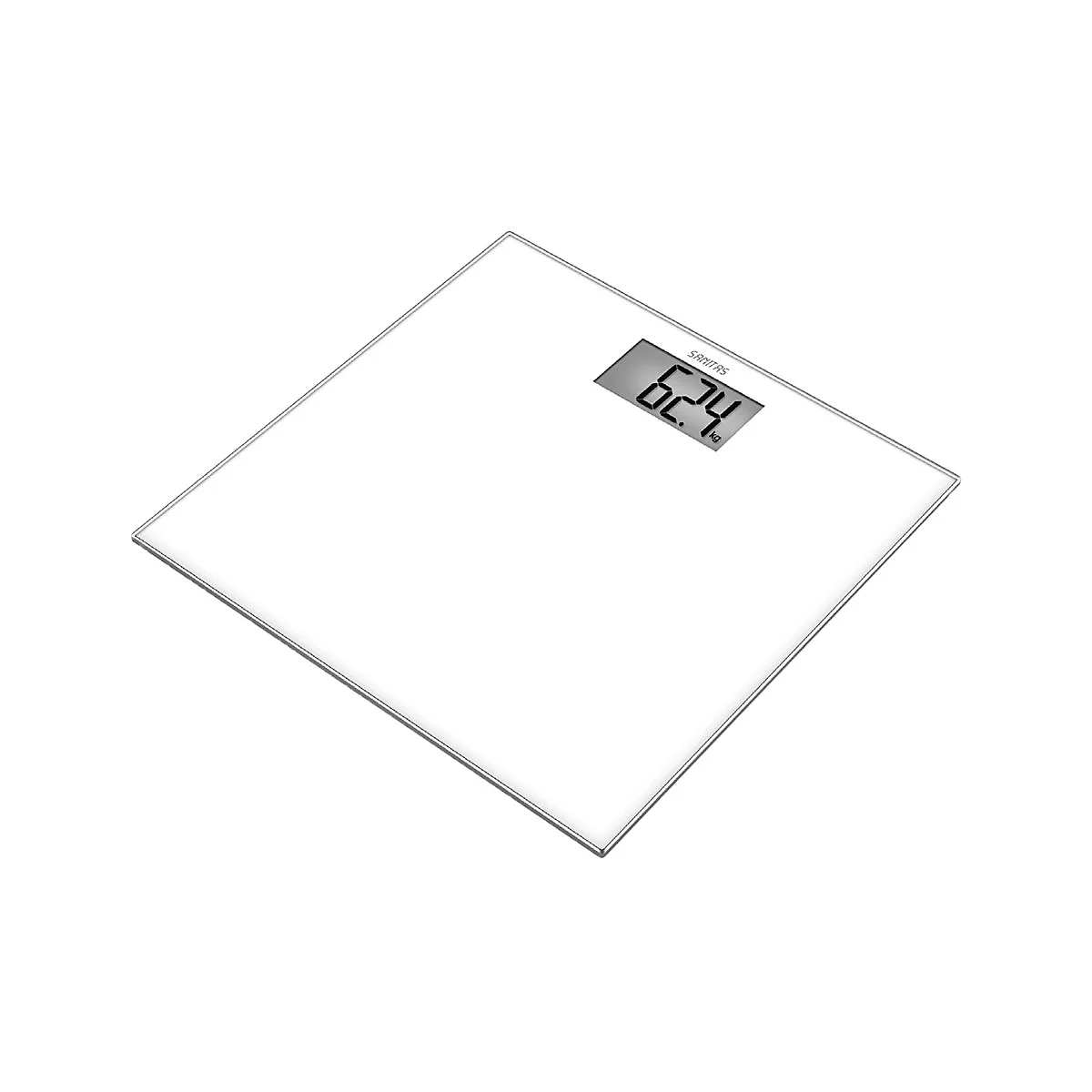 Weiße digitale Personenwaage mit Glasoberfläche und LCD-Anzeige, die 62,4 kg anzeigt.