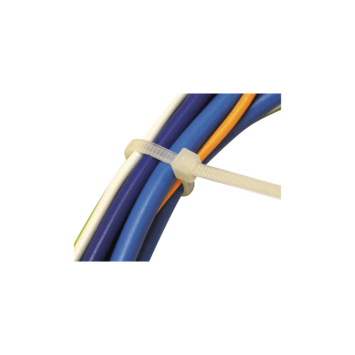 Collier de serrage fixant des câbles colorés. La fermeture est en plastique clair.