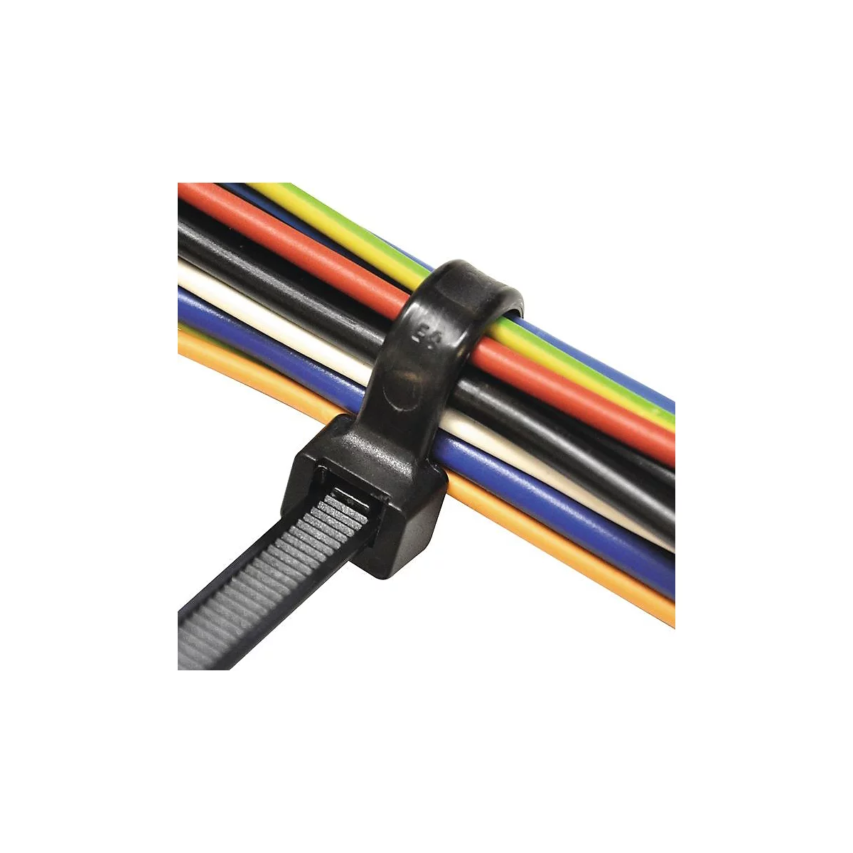 Collier de serrage noir regroupant un groupe de câbles colorés.