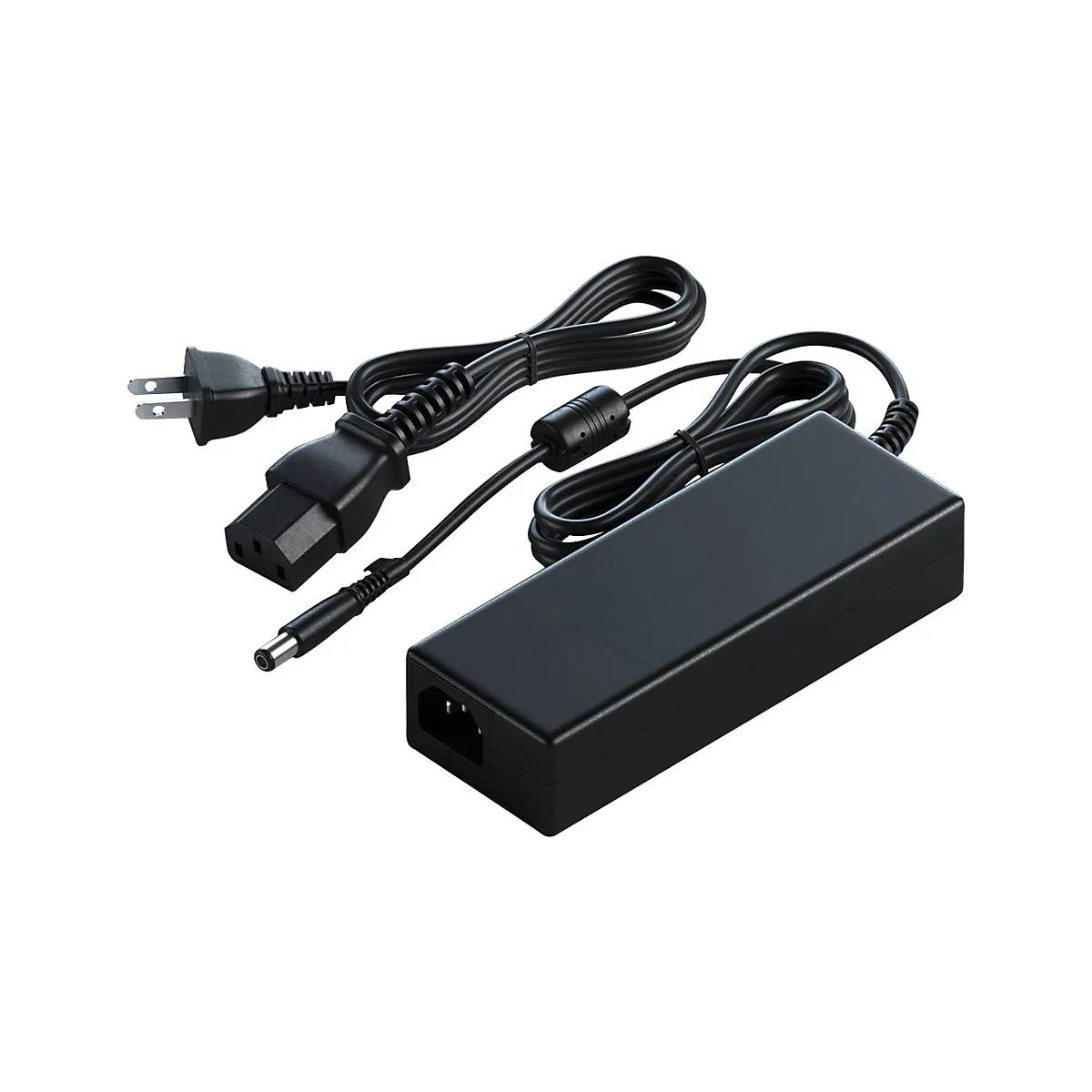 Schwarzes Netzteil mit Kabeln. Der Stecker, das Netzkabel und der DC-Ausgang sind sichtbar.