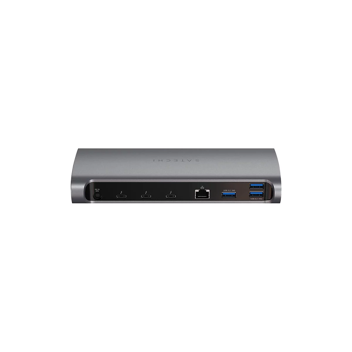 Silberne Dockingstation mit mehreren AnschlÃ¼ssen wie USB, HDMI, Ethernet und Strom. Aufschrift: Satechi.