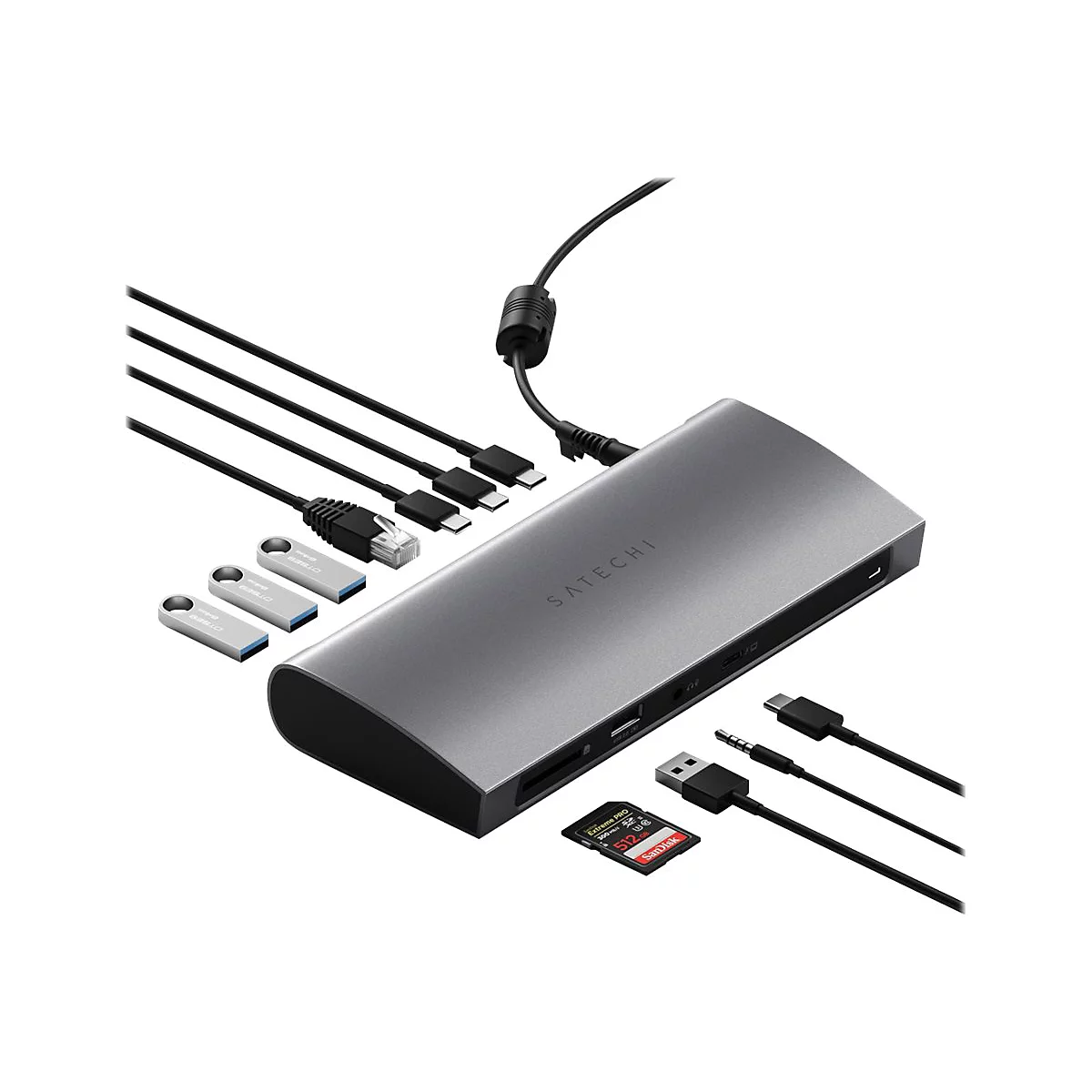 Graue Dockingstation mit angeschlossenen Kabeln und diversen AnschlÃ¼ssen. Daneben liegen USB-Sticks und eine Speicherkarte.