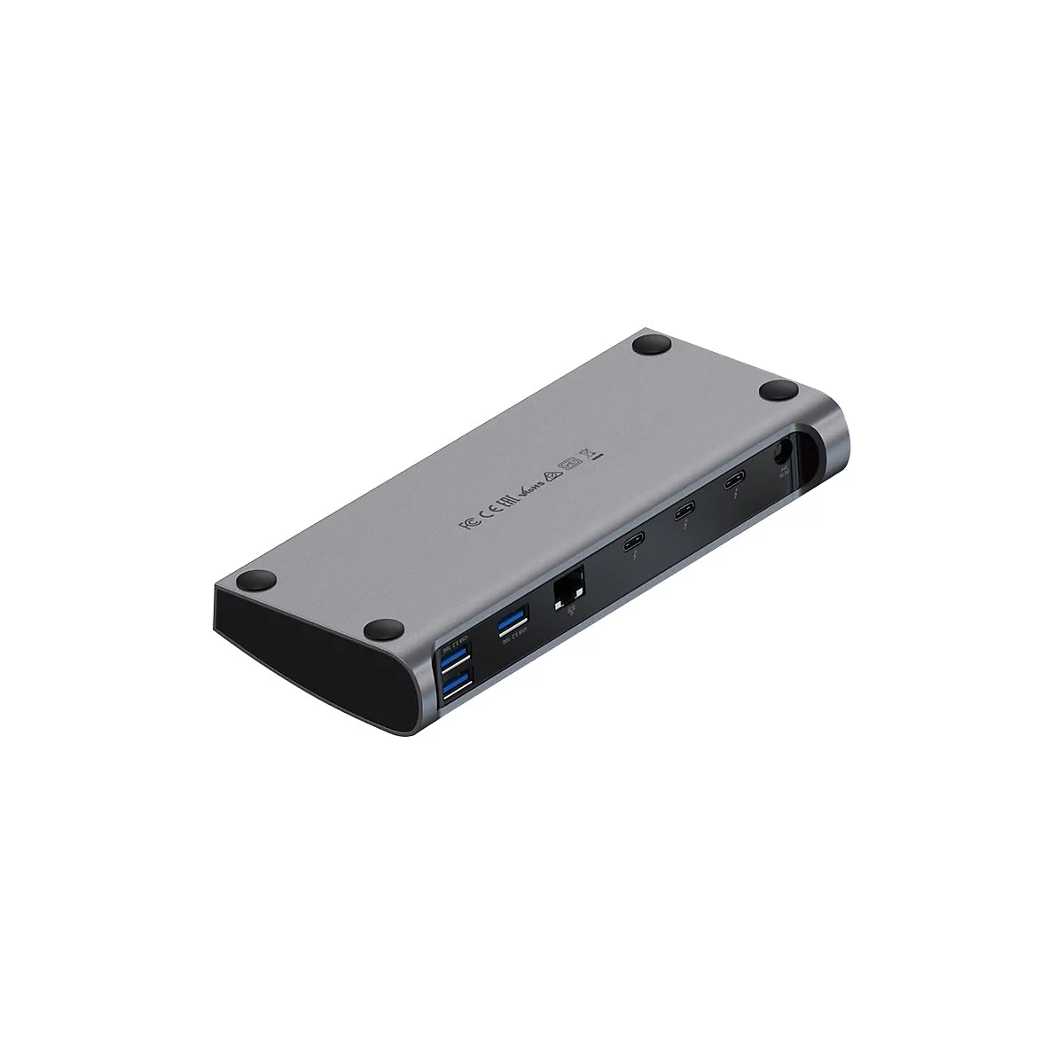 Graue Dockingstation mit diversen AnschlÃ¼ssen. Oben vier schwarze FÃ¼ÃŸe, seitlich USB-Ports, Ethernet, und weitere AnschlÃ¼sse.