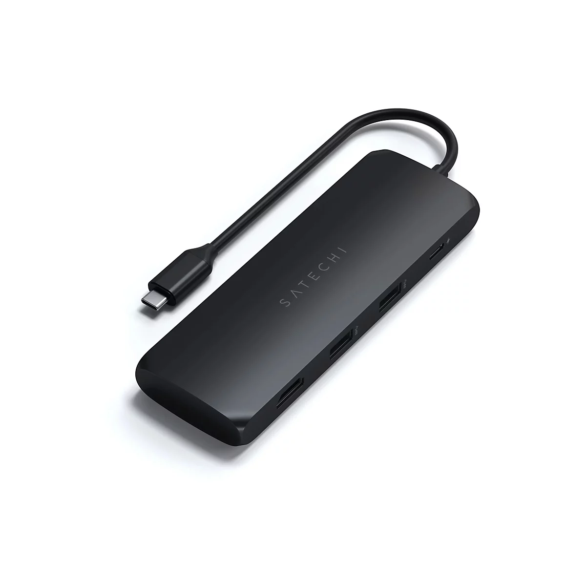 Schwarzer USB-C Hub von Satechi, Detailansicht.