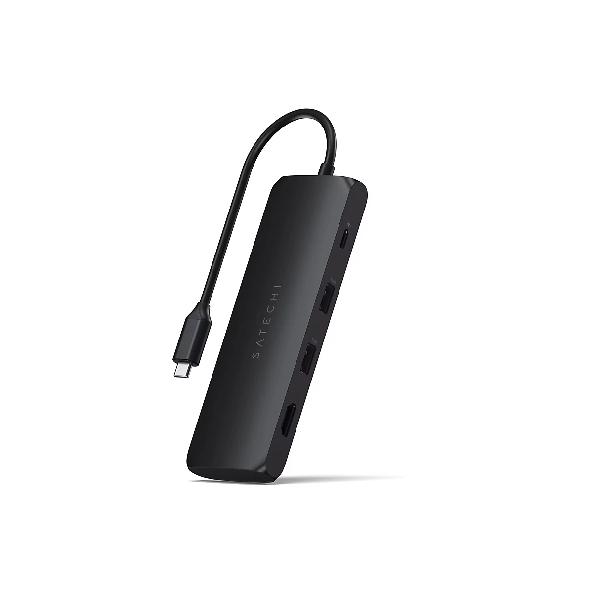 Schwarzer Satechi USB-C Hub mit Kabel, im schrÃ¤gen Winkel vor weiÃŸem Hintergrund.