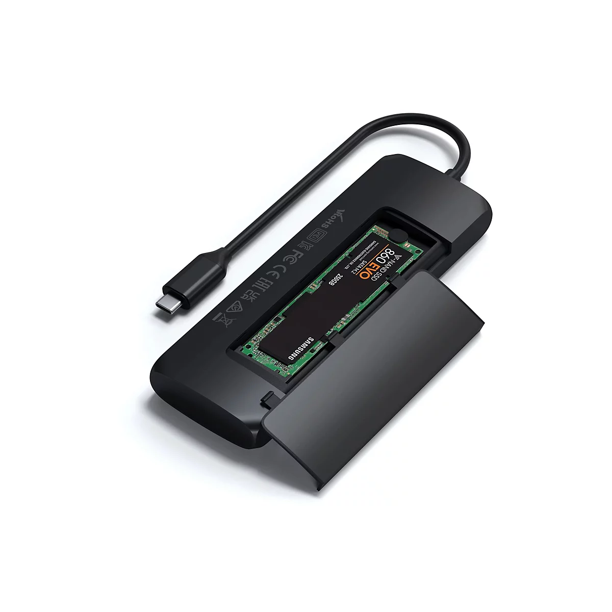 Schwarzes externes SSD-GehÃ¤use mit offenem Deckel, in dem eine Samsung 860 EVO SSD sichtbar ist. Ein USB-C-Kabel ist angeschlossen.