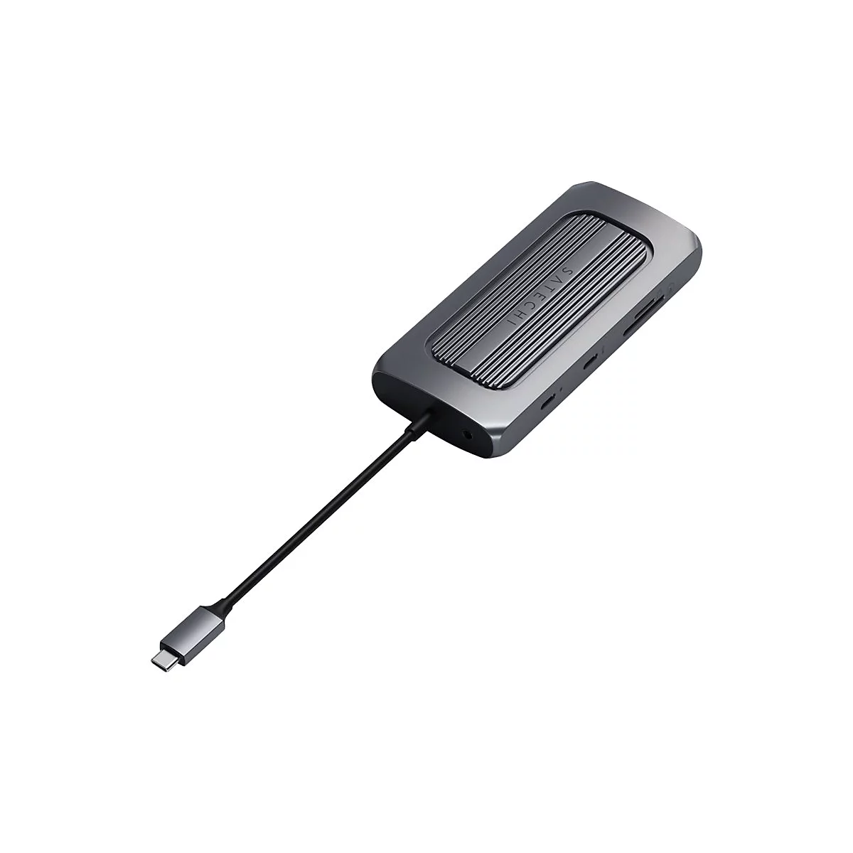 Grauer, lÃ¤nglicher USB-C-Adapter mit Kabel und der Aufschrift Satechi.