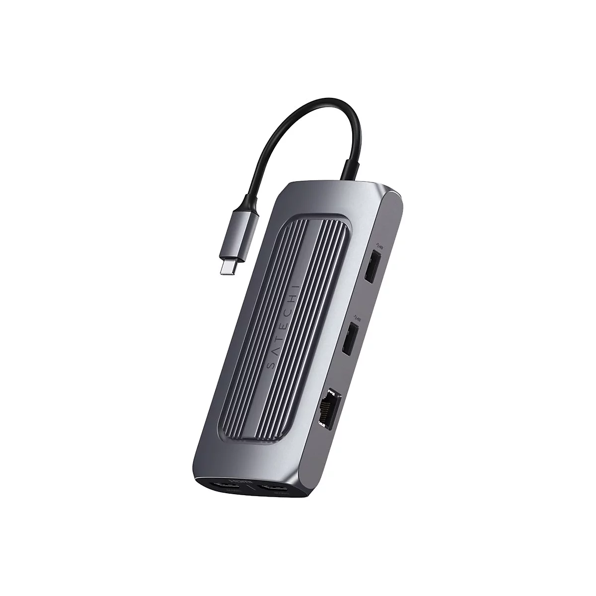 Grauer USB-C-Hub, der an ein GerÃ¤t angeschlossen ist. Das GerÃ¤t hat mehrere AnschlÃ¼sse und ein Kabel.