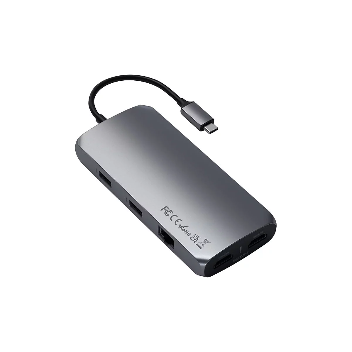 Graues USB-C-Hub mit mehreren AnschlÃ¼ssen und einem schwarzen Kabel. Auf der OberflÃ¤che befinden sich Aussparungen fÃ¼r verschiedene GerÃ¤te.