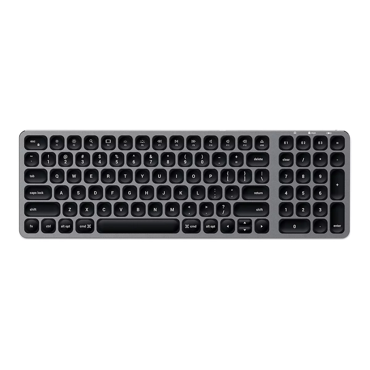 Drahtlose, silberfarbene Tastatur mit schwarzen Tasten. Buchstaben, Zahlen und Sonderzeichen sind deutlich beschriftet.