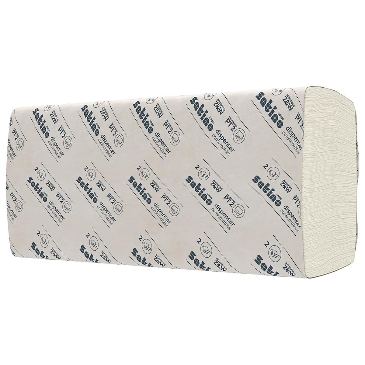 Een rechthoekige verpakking papieren handdoeken bedrukt met de merknaam "Satino". De uiteinden zijn gevouwen om het gebruik te vergemakkelijken.