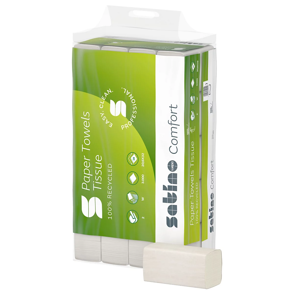 Papieren handdoeken in verpakking. Het groene etiket luidt: "Paper Towels Tissue, 100% RECYCLED".