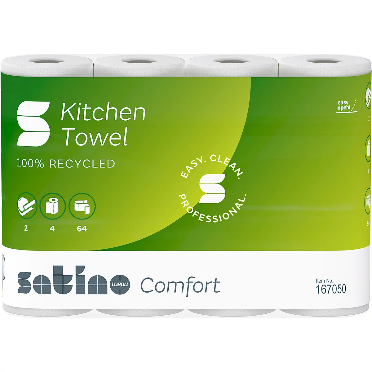 Vier rollen Wepa Satino Comfort keukenpapier in groene verpakking met witte letters.