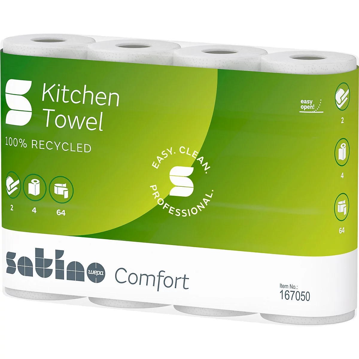 Verpakking van keukenpapier, groen-wit. Opschrift: 'Kitchen Towel', 'Satino Comfort'.