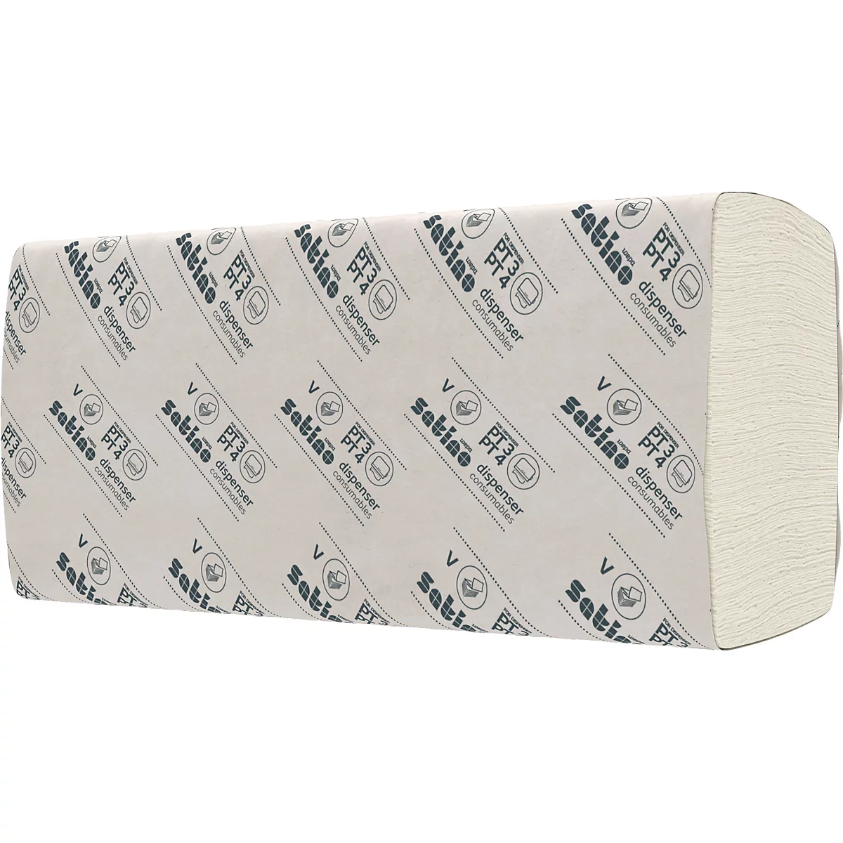 Een pak papieren handdoeken met de merknaam 'satino'. Het papier is wit, de verpakking is bedrukt.