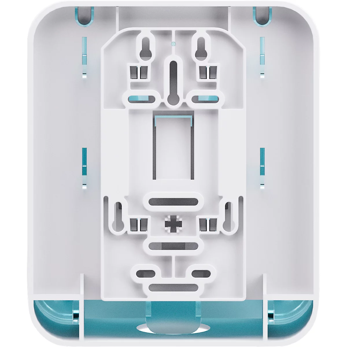 Hellweiße Halterung mit blauen Akzenten, die an eine Wandhalterung erinnert. Oben befinden sich zwei Haken zum Aufhängen.