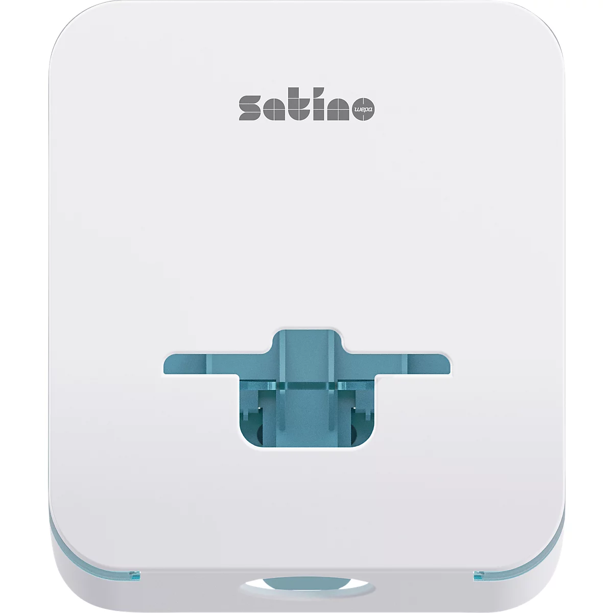 Witte, rechthoekige Satino dispenser met afgeronde hoeken en een turquoise opening in het midden.