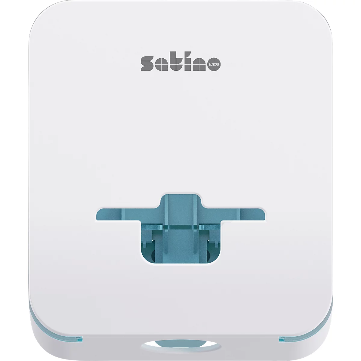 Wit rechthoekig apparaat met blauwe details. Het woord "satino" staat bovenaan.