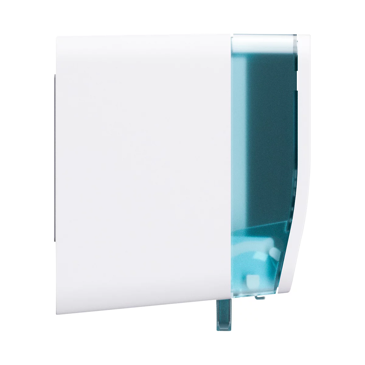 Witte wandzeepdispenser. Blauwe vloeistof zichtbaar.