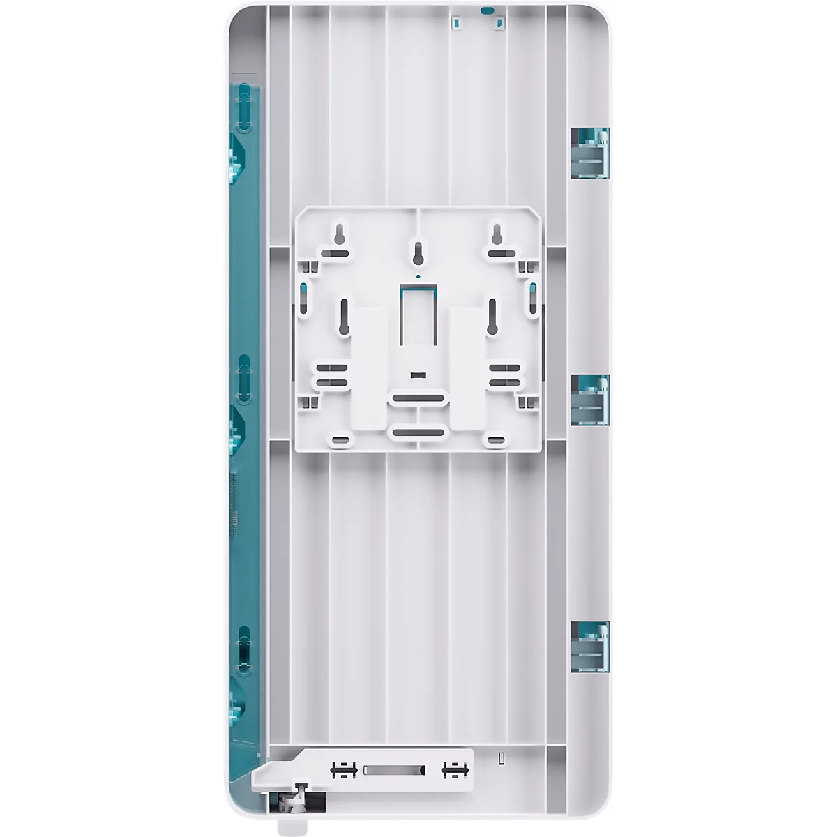 Rückseite eines weißen, rechteckigen Geräts mit einer Aufhängung und verschiedenen Anschlüssen.