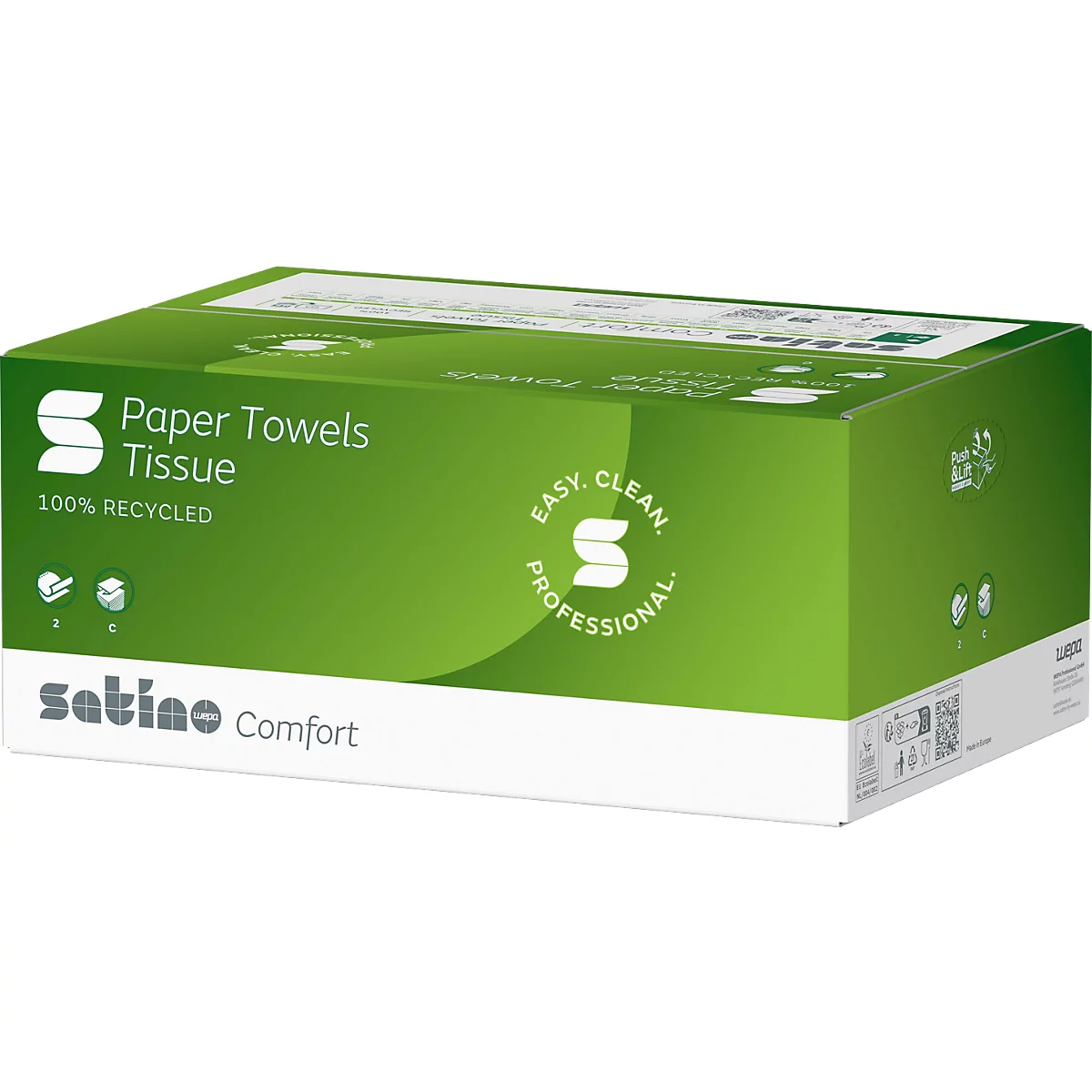 Eine grüne Box mit Papiertüchern, mit Textaufdrucken wie "Paper Towels Tissue", "100% Recycled", und "Satino Comfort".