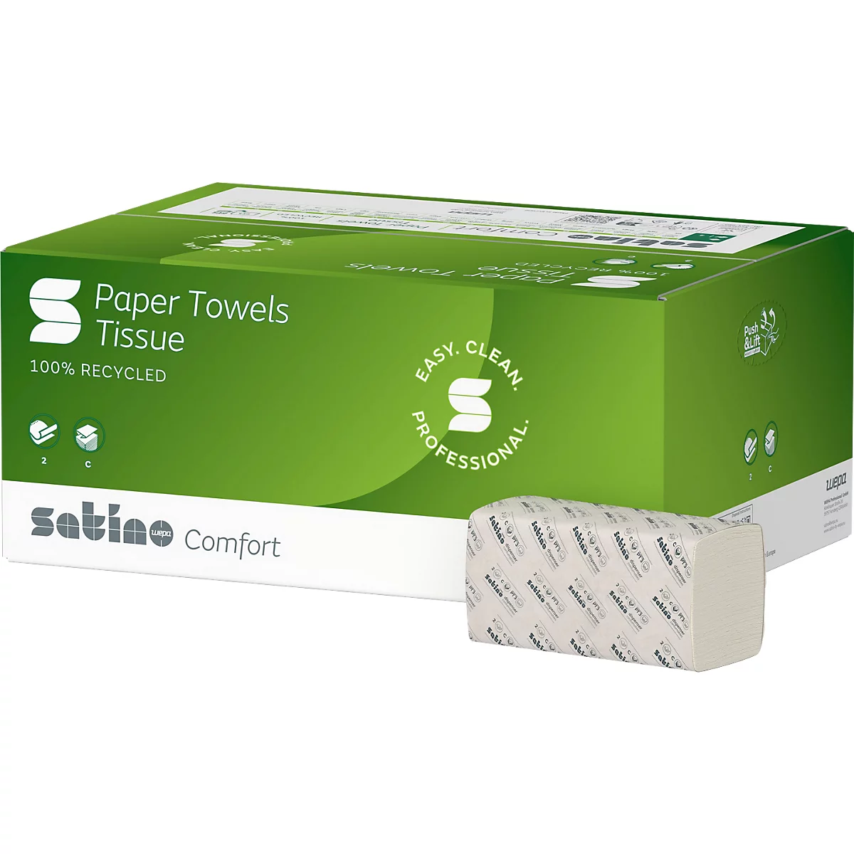Grüne Box mit Papiertüchern der Marke Satino. Ein Stapel Papiertücher liegt davor. Schriftzüge: 'Paper Towels Tissue', '100% Recycled'.