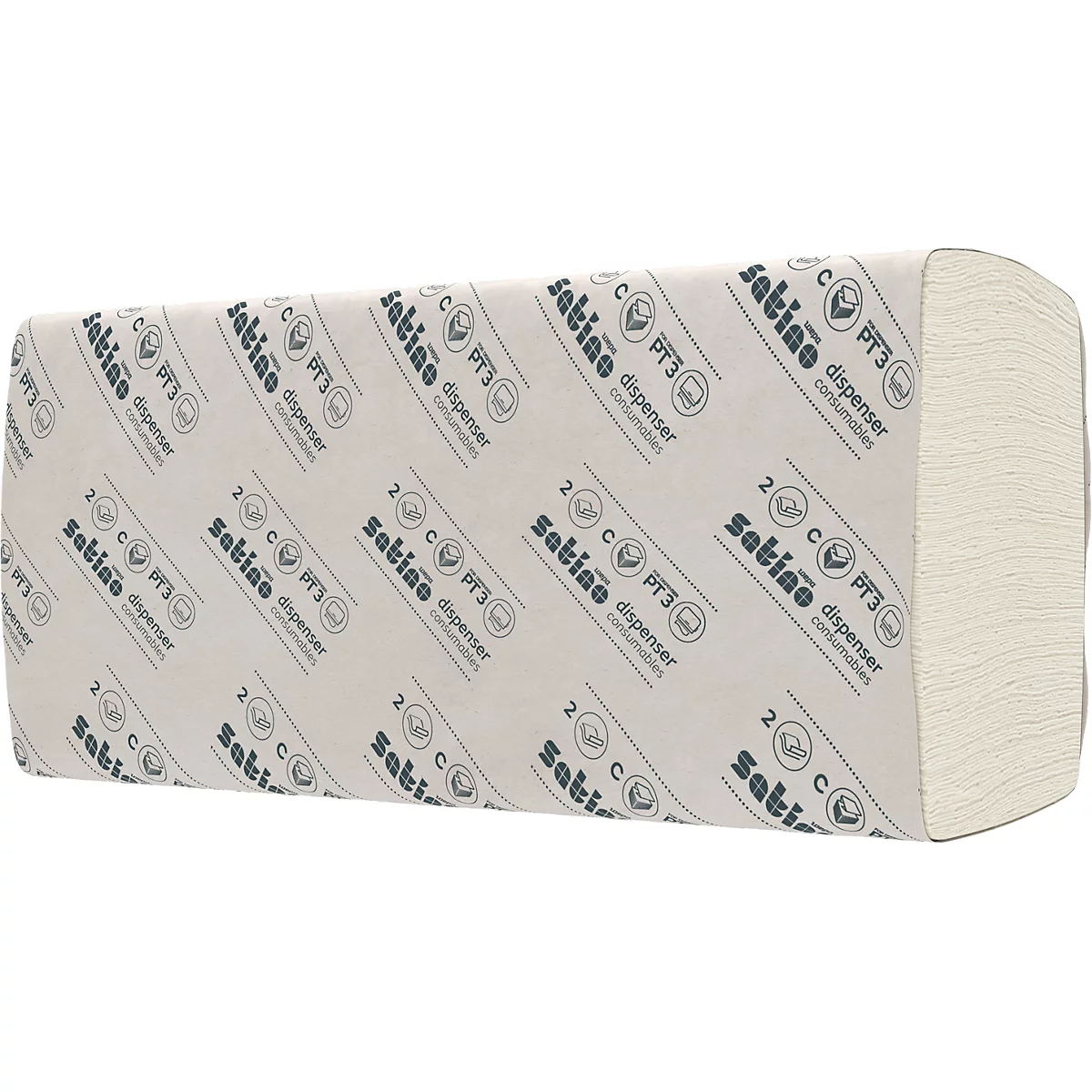 Ein Paket Papierhandtücher, eingeschlagen in Papier mit Logo-Aufdruck.