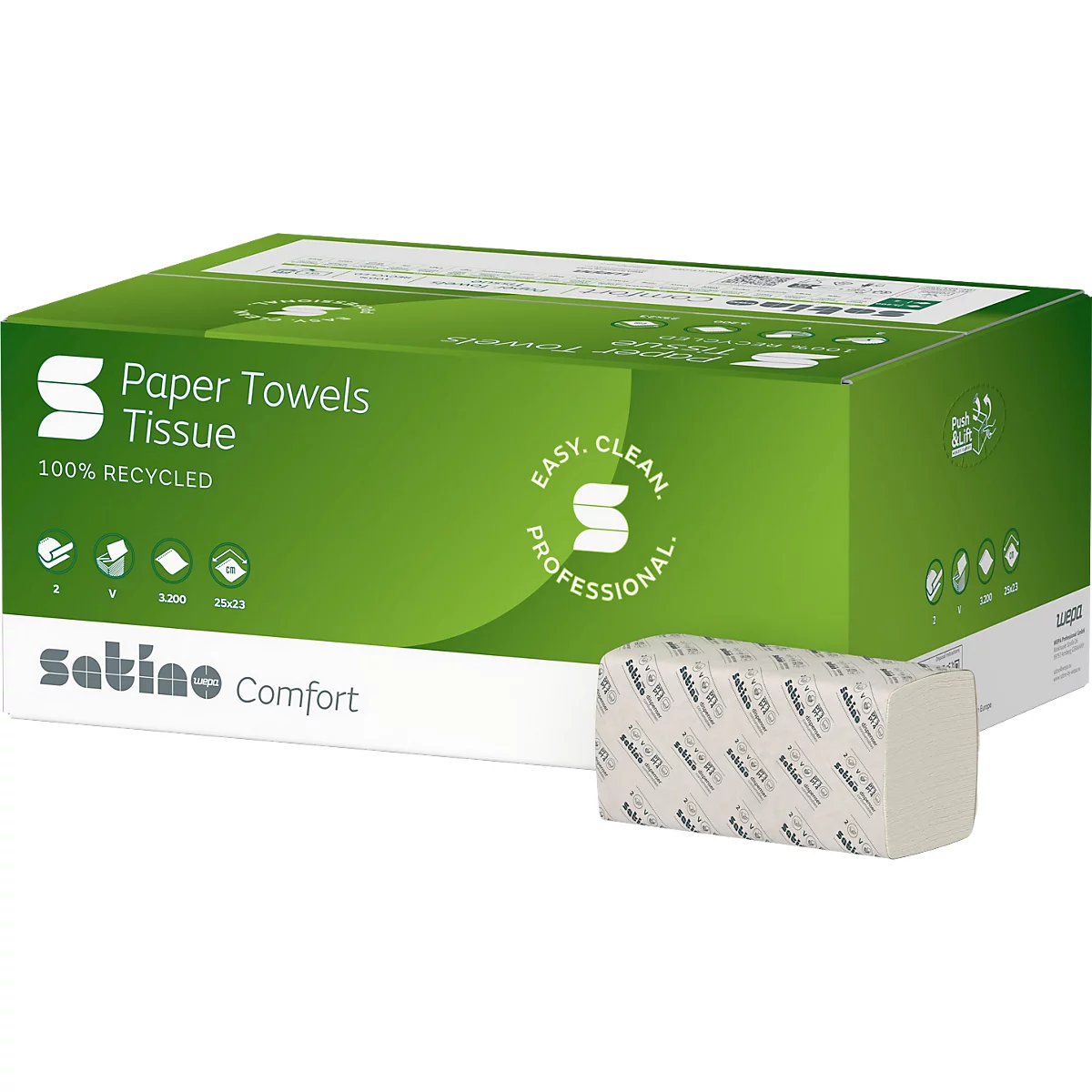 Grüne Papierhandtuchbox mit 'Paper Towels Tissue' Aufschrift und einem herausgezogenen Stapel Papierhandtücher.