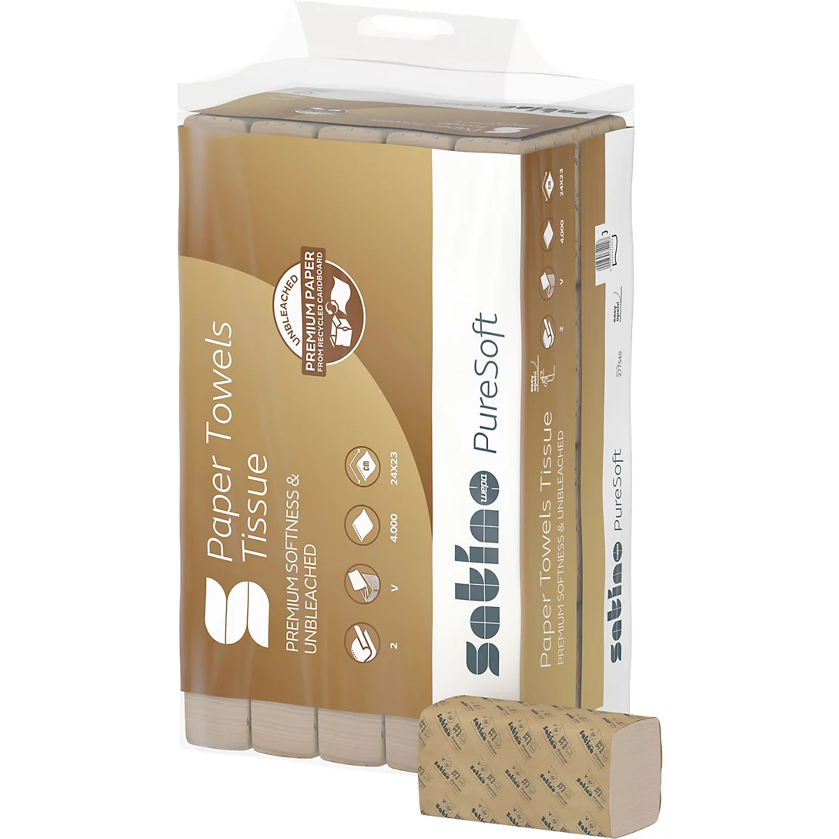 Papierhandtücher in Verpackung mit Produktinformationen und Logo, daneben ein einzelnes Handtuchpaket.