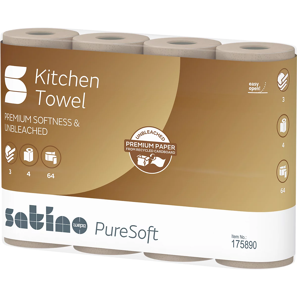 Bruin en witte verpakking van keukenrollen, met tekst als 'Kitchen Towel' en 'PureSoft'.