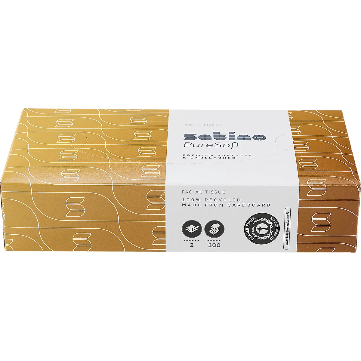 Satino PureSoft Kosmetiktücher-Box in Braun und Weiß mit aufgedrucktem Blauer Engel Umweltzeichen.