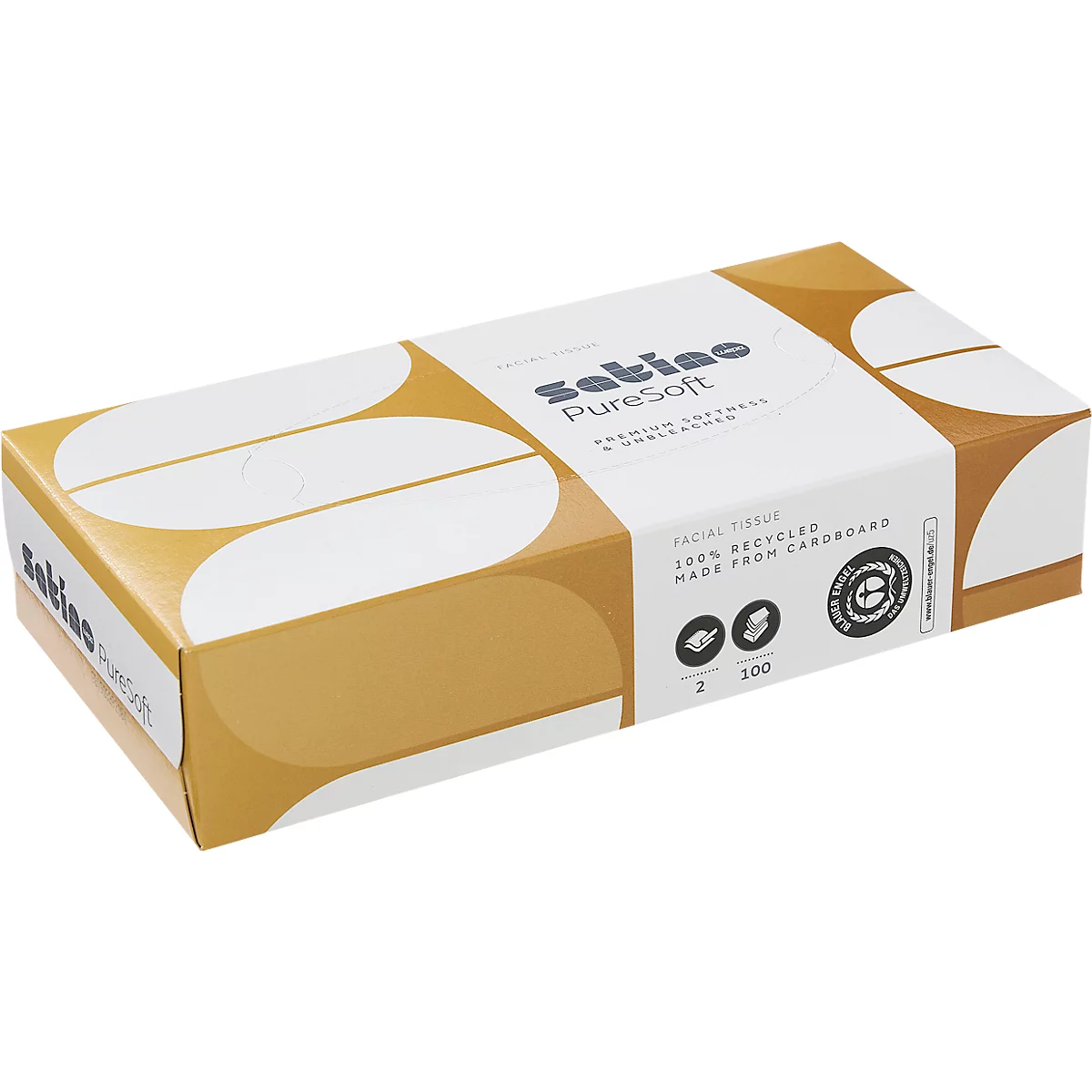 Rechteckige Box mit Kosmetiktüchern von Satino PureSoft in Weiß und Ockergelb.