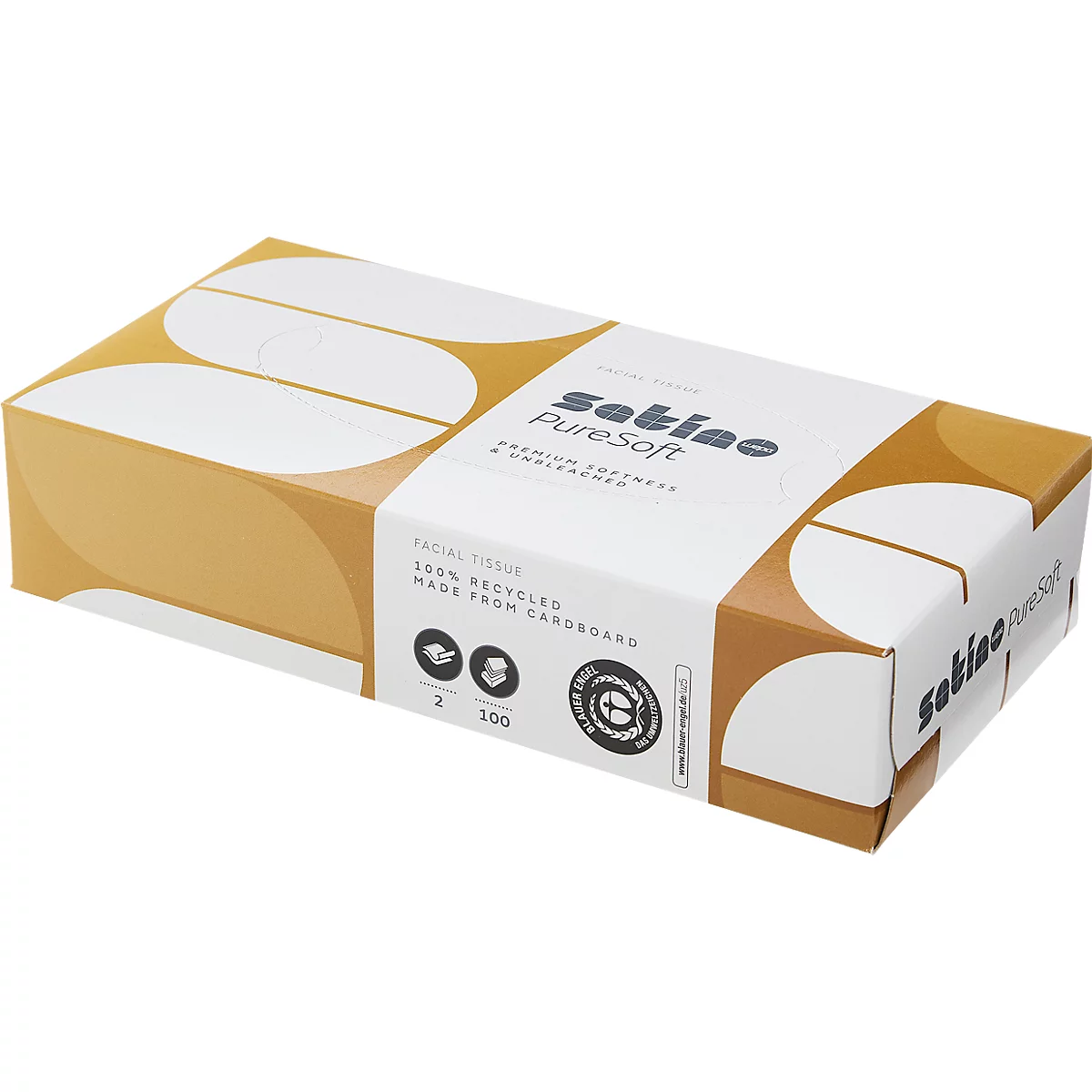 Rechteckige Box mit Kosmetiktüchern der Marke Satino PureSoft in Weiß und Gelbbraun vor neutralem Hintergrund.