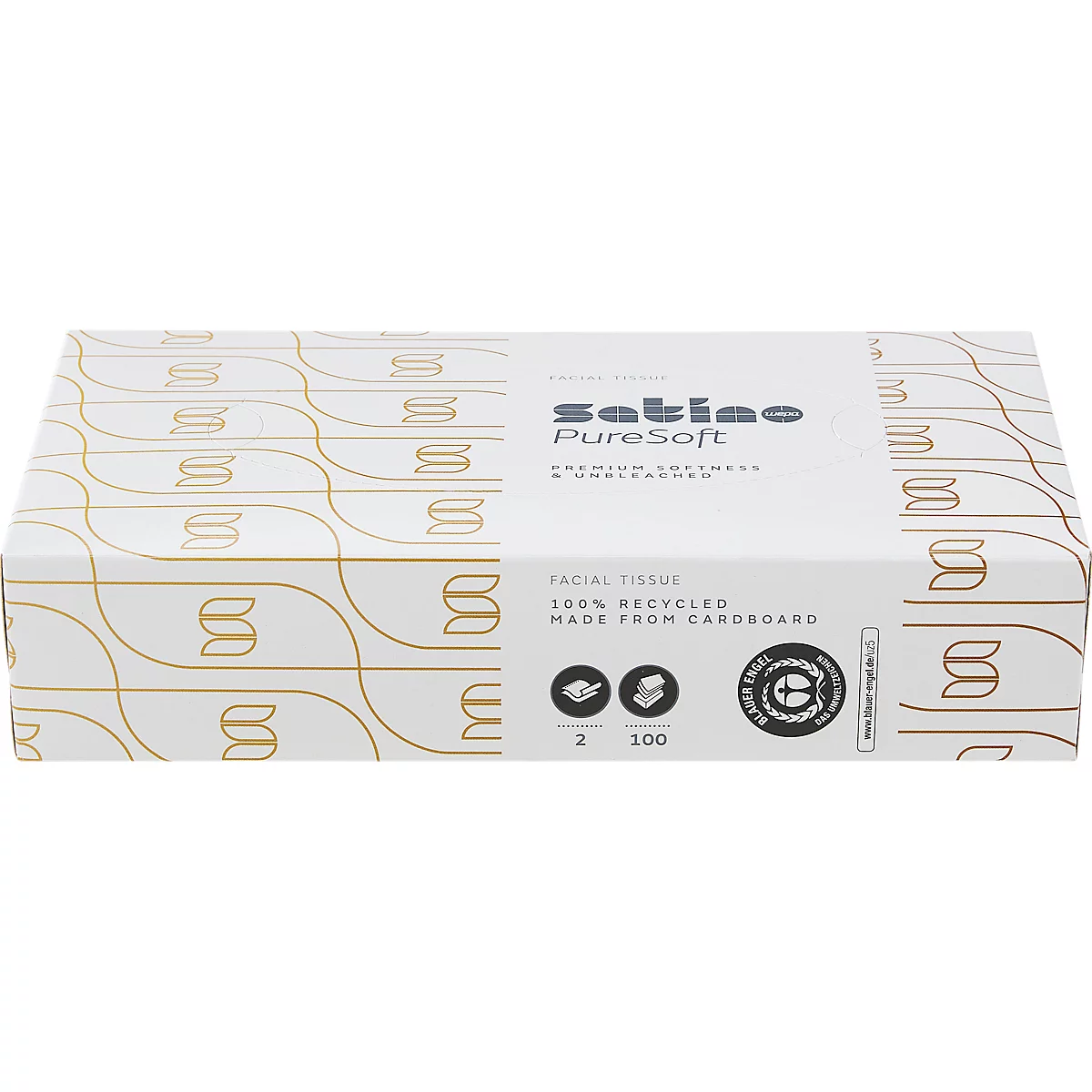 Weiße Kosmetiktücherbox der Marke Satino PureSoft mit braunem Wellenmuster und dem Blauer Engel Umweltsiegel.