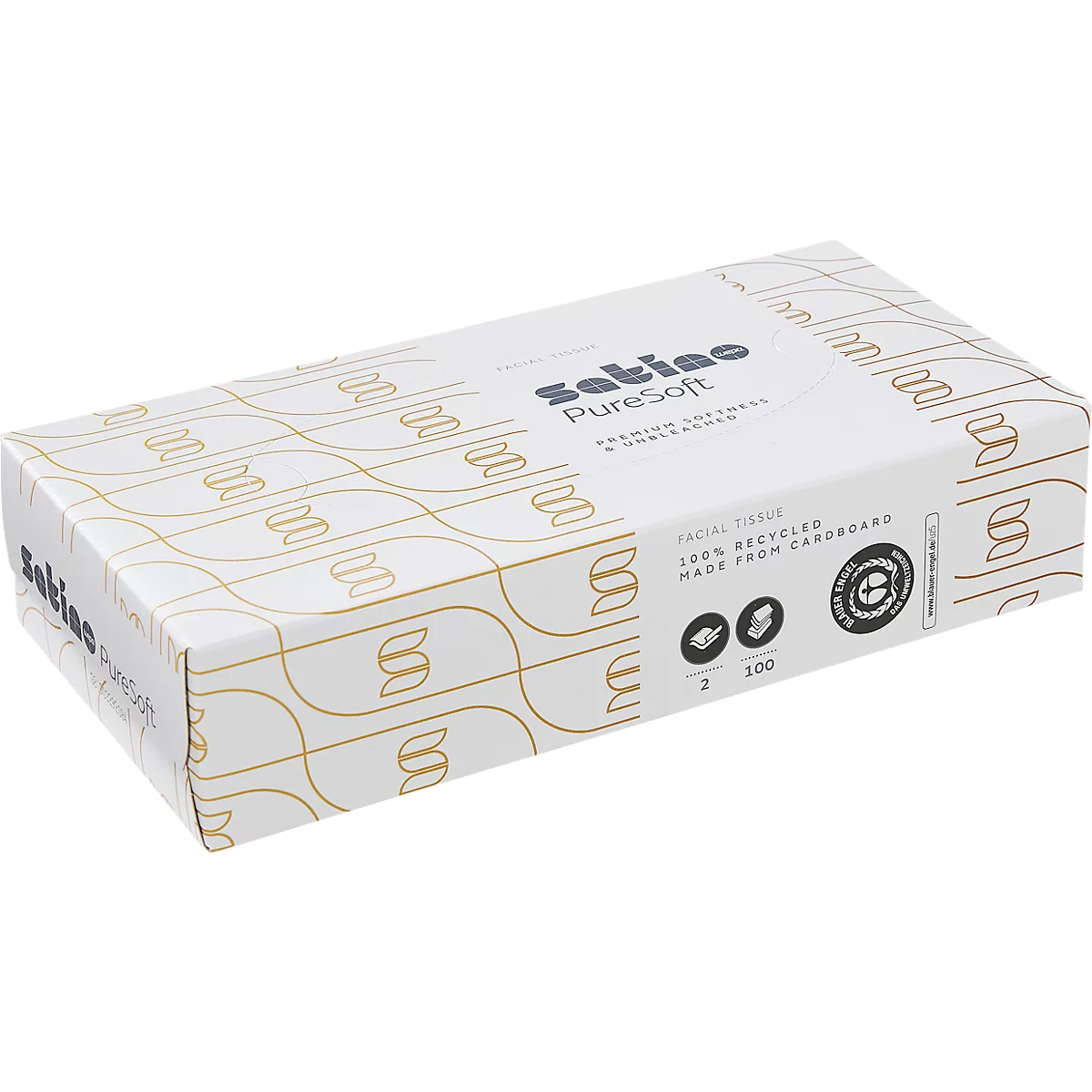 Weiße Box mit Kosmetiktüchern der Marke Satino PureSoft mit dezentem goldenem Linienmuster und nachhaltigen Produktinfos.