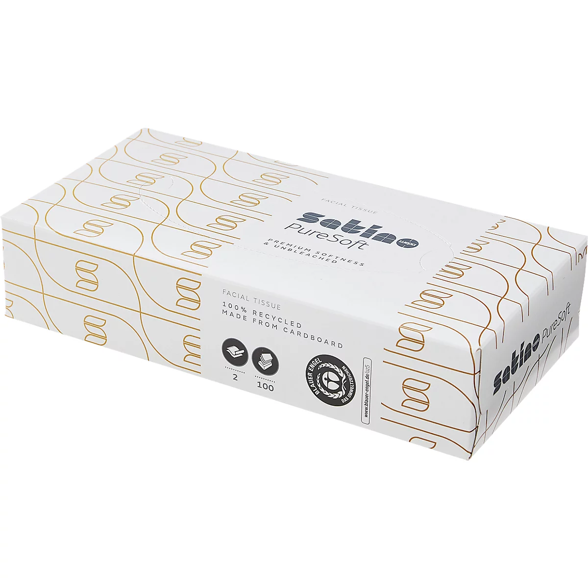 Rechteckige Box mit Satino PureSoft Kosmetiktüchern in weißem Design mit goldenen geschwungenen Linien.