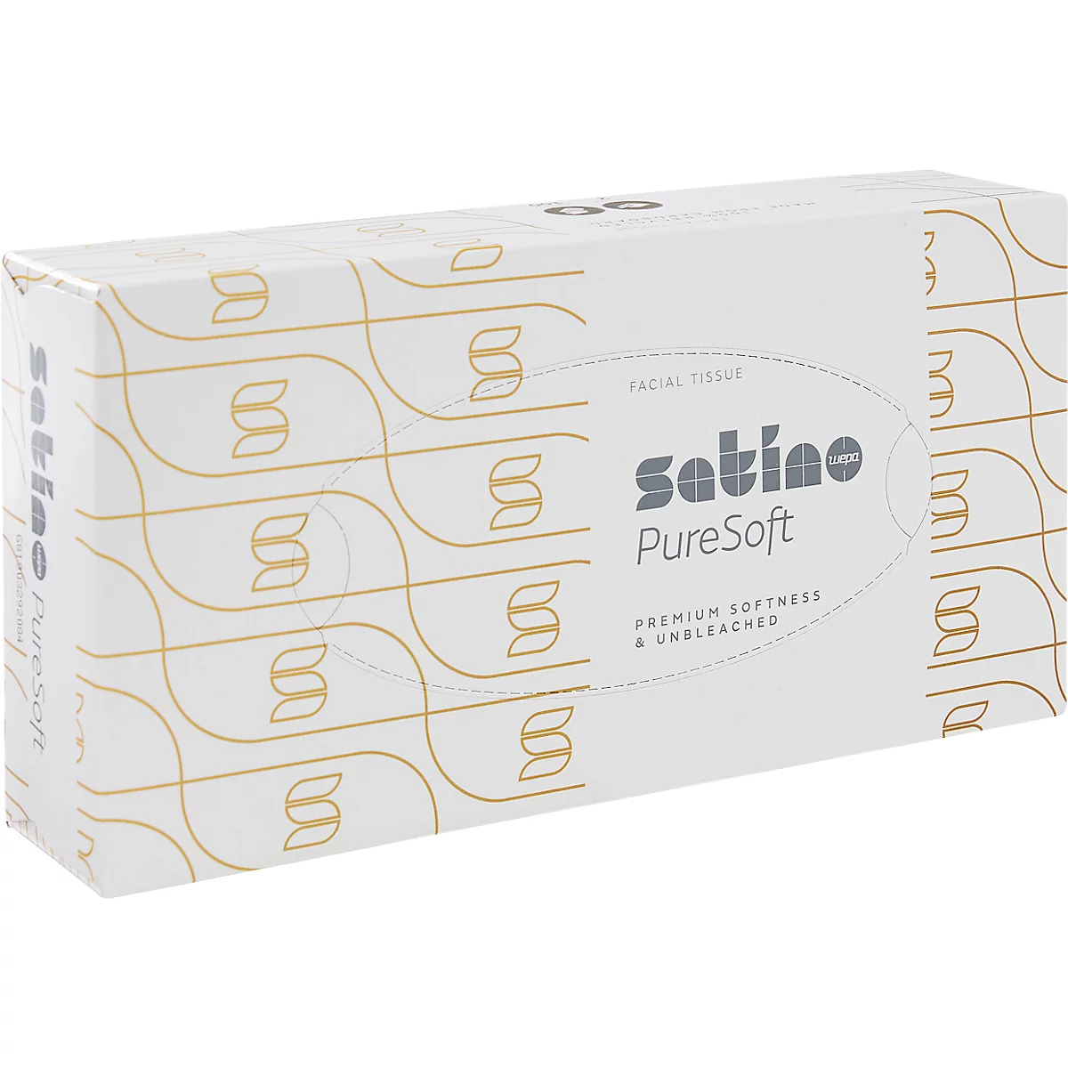 Weiße Kosmetiktücherbox von Satino PureSoft mit goldenem Wellenmuster und grauem Logoaufdruck.