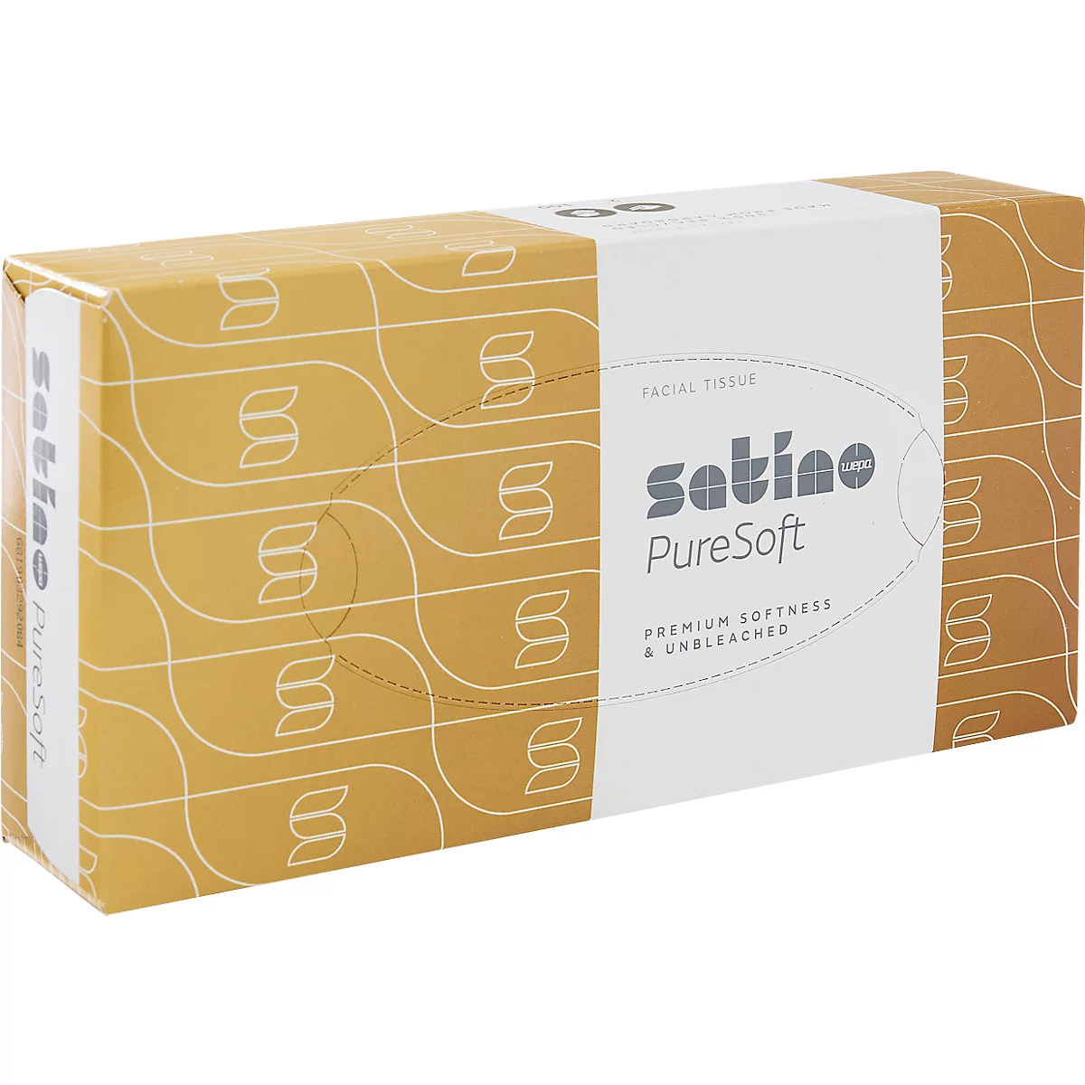 Rechteckige Box mit Kosmetiktüchern in Ocker mit weißem Streifen und Satino PureSoft Logo.