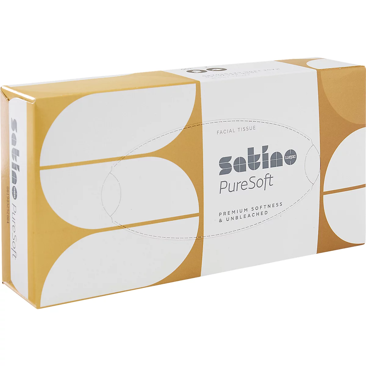 Rechteckige Verpackung Satino PureSoft Kosmetiktücher in Weiß und Ockergelb mit modernem Bogendesign.