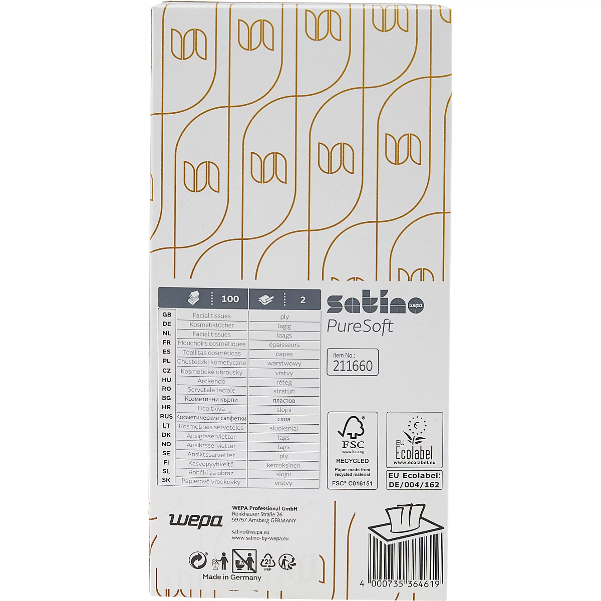 Rückseite einer Satino PureSoft Kosmetiktücher-Box mit Produktinformationen, FSC-Logo und Barcode.