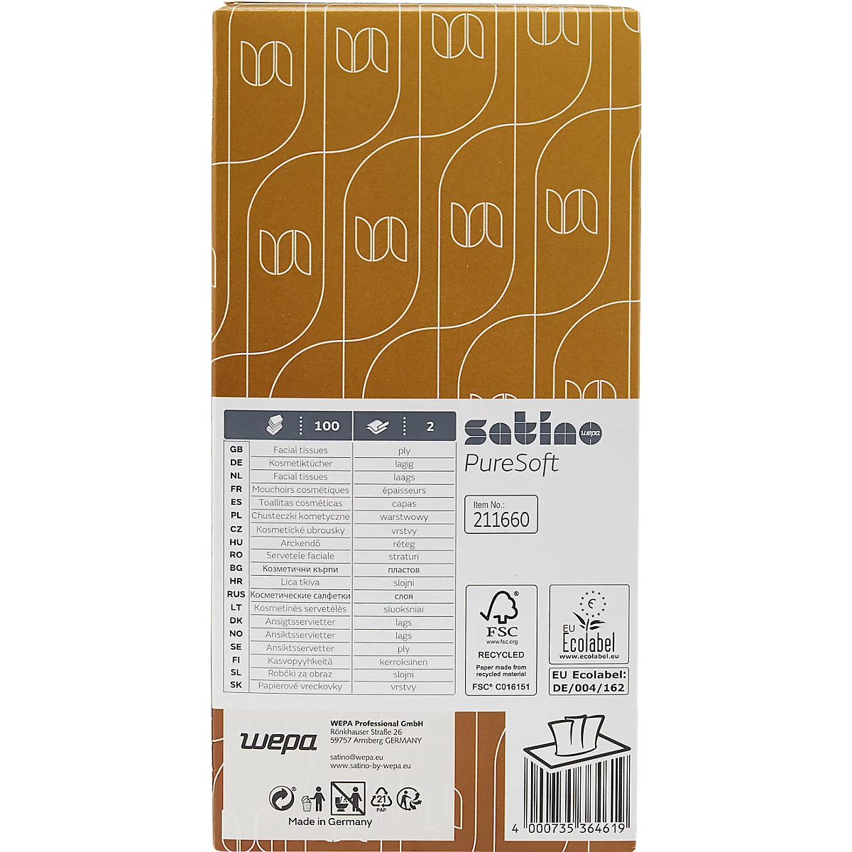 Produktverpackung von Satino PureSoft Kosmetiktüchern mit ökologischen Zertifizierungen und Produktinformationen.