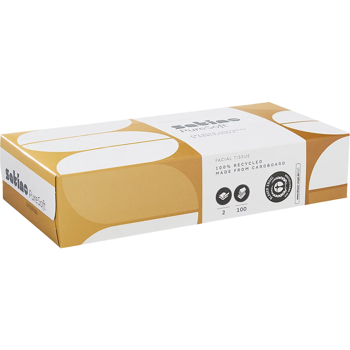 Rechteckige Box mit Kosmetiktüchern, braun-weißes Design, beschriftet mit Satino PureSoft und Blauer Engel Symbol.