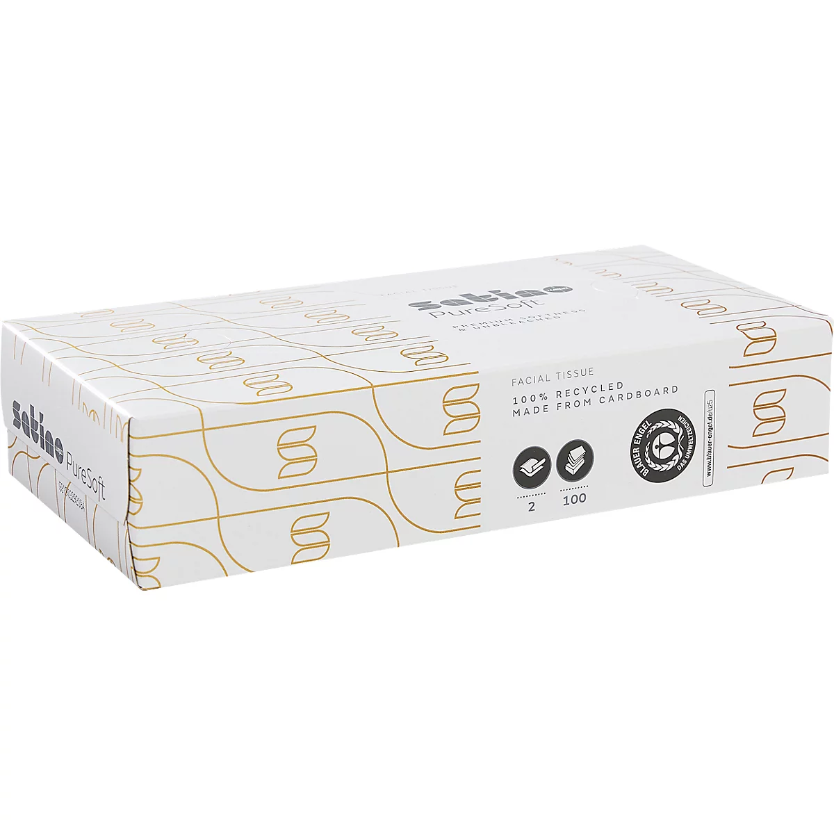 Weiße Box mit Kosmetiktüchern von Satino PureSoft mit goldenem Linienmuster und ökologischen Zertifikaten.